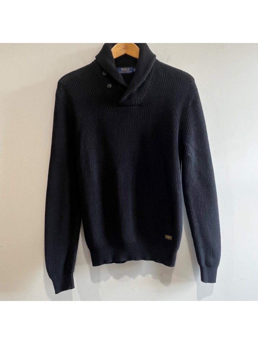 Polo Ralph Lauren Ribbed Shawl Collar Sweater Mens M Black Pullover Button